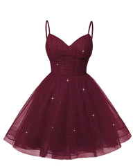 Women's V Neck Tulle Spaghetti Straps Burgundy Homecoming Dresses with Corset Back Short Prom Gowns for Teens