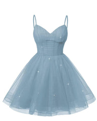 Womens V Neck Tulle Spaghetti Straps Dusty Blue Homecoming Dresses with Corset Back Short Prom Gowns for Teens