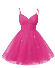 Dames V Neck Tulle Spaghetti Riraps Hot Pink Homecoming -jurken met korset terug korte prom -jurken voor tieners