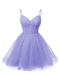 Womens V Neck Tulle Spaghetti Straps Lavender Homecoming Dresses with Corset Back Short Prom Gowns for Teens