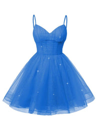 Women's V Neck Tulle Spaghetti Straps Aqua Blue Homecoming kjoler med korsett tilbake korte promkjoler for tenåringer