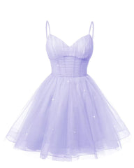 Women's V Neck Tulle Spaghetti Straps Lilac Homecoming Dresses with Corset Back Short Prom Gowns for Teens