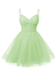 Kvinders V Neck Tylle Spaghetti Stropper Mint Green Homecoming Kjoler med korset Back Short Prom -kjoler til teenagere