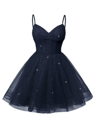 Womens V Neck Tulle Spaghetti Straps Navy Blue Homecoming Dresses with Corset Back Short Prom Gowns for Teens