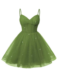 Kvinders V Neck Tylle Spaghetti Stropper Mint Green Homecoming Kjoler med korset Back Short Prom -kjoler til teenagere