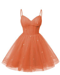 Dames V Neck Tulle Spaghetti Riraps Orange Homecoming -jurken met korset terug korte prom -jurken voor tieners