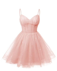 Dames V Neck Tulle Spaghetti Riraps Pearl Pink Homecoming -jurken met korset terug korte prom -jurken voor tieners