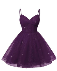 Womens V Neck Tulle Spaghetti Straps Plum Homecoming Dresses with Corset Back Short Prom Gowns for Teens