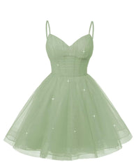 Womens V Neck Tulle Spaghetti Straps Sage Green Homecoming Dresses with Corset Back Short Prom Gowns for Teens