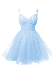 Dames V Neck Tulle Spaghetti Barken Sky Blue Homecoming -jurken met korset terug korte prom -jurken voor tieners