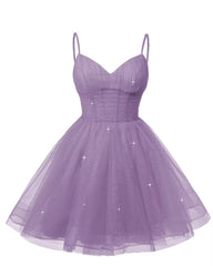 Womens V Neck Tulle Spaghetti Straps Wisteria Homecoming Dresses with Corset Back Short Prom Gowns for Teens