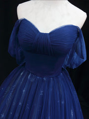 Beautiful Blue Tulle Floor Length Prom Dresses, A-Line Off the Shoulder Princess Dresses Evening Dresses