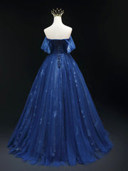 Beautiful Blue Tulle Floor Length Prom Dresses, A-Line Off the Shoulder Princess Dresses Evening Dresses