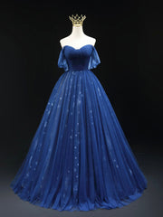 Beautiful Blue Tulle Floor Length Prom Dresses, A-Line Off the Shoulder Princess Dresses Evening Dresses