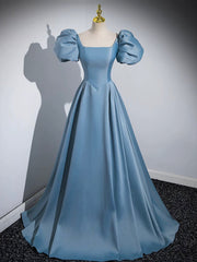 Blue Puff Sleeve Satin Floor Length Prom Dresses, Blue A-Line Evening Party Dresses