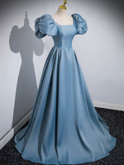 Blue Puff Sleeve Satin Floor Length Prom Dresses, Blue A-Line Evening Party Dresses