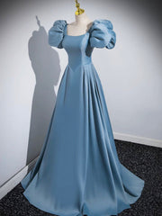 Blue Puff Sleeve Satin Floor Length Prom Dresses, Blue A-Line Evening Party Dresses