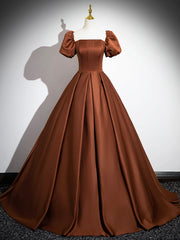 Brown Satin Floor Length Prom Dresses , Off the Shoulder A-Line Evening Dresses