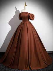 Brown Satin Floor Length Prom Dresses , Off the Shoulder A-Line Evening Dresses