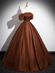 Brown Satin Floor Length Prom Dresses , Off the Shoulder A-Line Evening Dresses