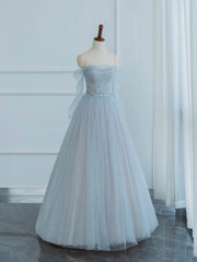 Dusty Blue Tulle Sequins Long Prom Dresses, Off the Shoulder Long Sleeve Evening Party Dresses