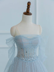 Dusty Blue Tulle Sequins Long Prom Dresses, Off the Shoulder Long Sleeve Evening Party Dresses