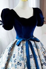 Blue Short Sleeve A-Line Floor Length Prom Dresses, Blue Evening Dresses