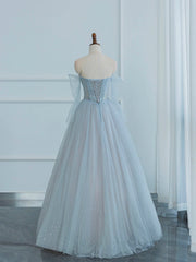 Dusty Blue Tulle Sequins Long Prom Dresses, Off the Shoulder Long Sleeve Evening Party Dresses