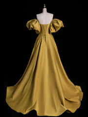 Yellow A-line Satin Long Prom Dresses, Yellow Long Evening Dresses