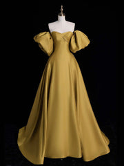 Yellow A-line Satin Long Prom Dresses, Yellow Long Evening Dresses