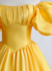 Yellow A-Line Satin Off Shoulder Prom Dresses, Yellow Evening Dresses