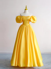 Yellow A-Line Satin Off Shoulder Prom Dresses, Yellow Evening Dresses