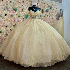 Yellow Ball Gown Tulle Off-the-Shoulder Quincenara Dresses