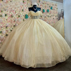 Yellow Ball Gown Tulle Off-the-Shoulder Quincenara Dresses