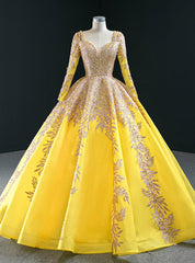 Yellow Ball Gown Tulle Sequins Long Sleeve Prom Dresses