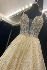 Yellow Beaded Plunge Neck A-Line Prom Gown