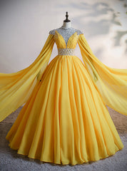 Yellow Chiffon Cap Sleeve Pleats Beading Crystal Quinceanera Dresses