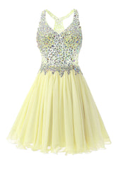 Yellow Chiffon Crystal Homecoming Dresses