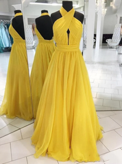 Yellow Chiffon Halter Pleats Prom Dresses