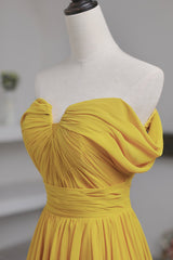 Yellow Chiffon Long A-Line Prom Dresses, Simple Yellow Evening Dresses with Slit