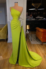 Yellow Green One Shoulder Mermaid Prom Dresses Long Split With Beads