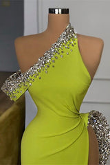 Yellow Green One Shoulder Mermaid Prom Dresses Slit Long With Crystals