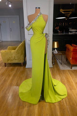 Yellow Green One Shoulder Mermaid Prom Dresses Slit Long With Crystals