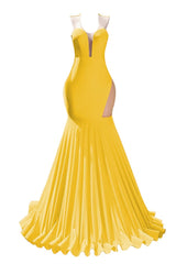 Vestidos de baile amarelo sereia sereia mulher vestido de noite sem mangas de costas abertas