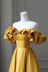 Yellow Satin Long Prom Dresses, Simple Off Shoulder Evening Party Dresses