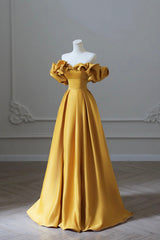 Yellow Satin Long Prom Dresses, Simple Off Shoulder Evening Party Dresses