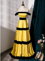 Yellow Satin Off the Shoulder Prom Dresses