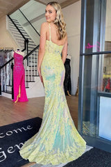 Yellow Sequin Appliques Scoop Neck Mermaid Long Prom Dresses with Slit