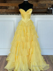 Yellow Strapless A-Line Ruffle Long Prom Dress With Split