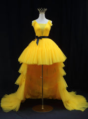 Yellow Tulle  Pleats Prom Dresses